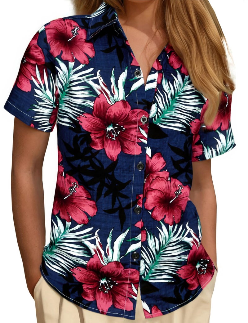 JOGAL Women's Floral Blouse Casual Button Down Short Sleeve Aloha Hawaiian Shirt Large Navy - Image 1